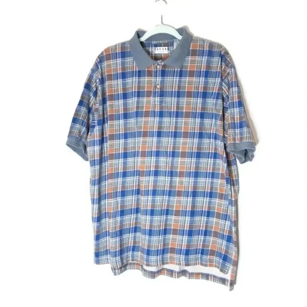 Vintage Savane Mens Plaid Polo Shirt Sz XL 90s Y2K Blue Orange Green Classic Ret